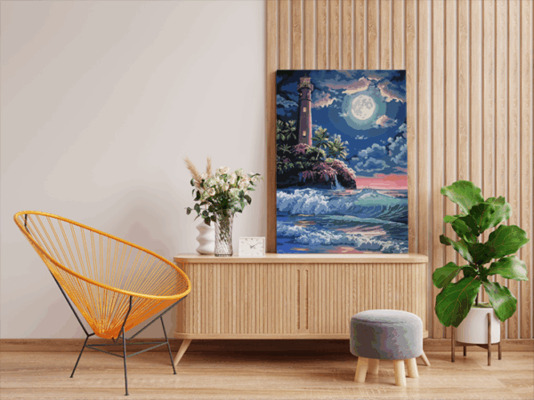 Majestic Lighthouse Under Moonlit Waves Paint by Numbers Kit - Image 2