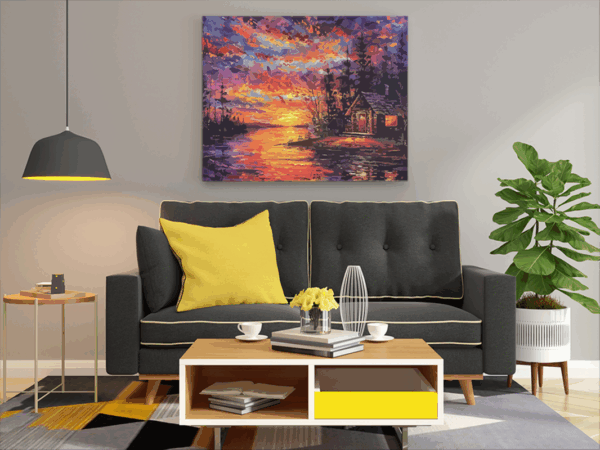 Sunset Cabin by the Lake Paint by Numbers Kit - Image 2
