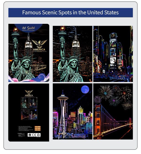 Famous US Landmarks Scratch Painting Kit – Statue of Liberty, Times Square & More - Image 2
