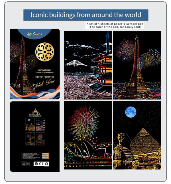 World Landmarks Scratch Painting Kit – Eiffel Tower, Pyramids, Mount Fuji & More - Image 2