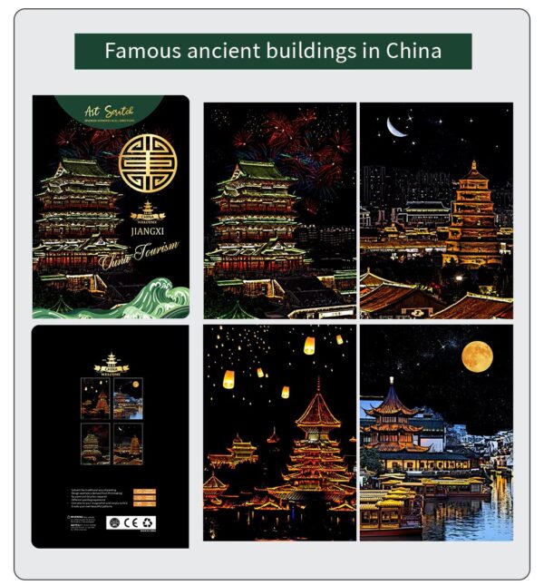 Ancient China Scratch Painting Kit – Jiangxi Temples, Lantern Festival & Night River Views - Image 3