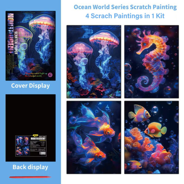 Glow in the Dark Ocean World Scratch Painting Kit – Jellyfish, Seahorse & Marine Life - Image 2